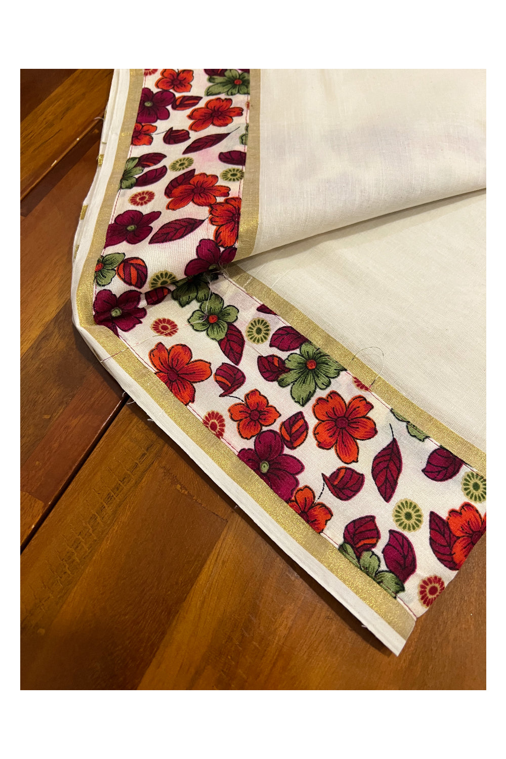 Kerala Cotton Kasavu Fusion Art Set Mundu (Mundum Neriyathum) with Floral Woven Figures on White Border 2.80 Mtrs