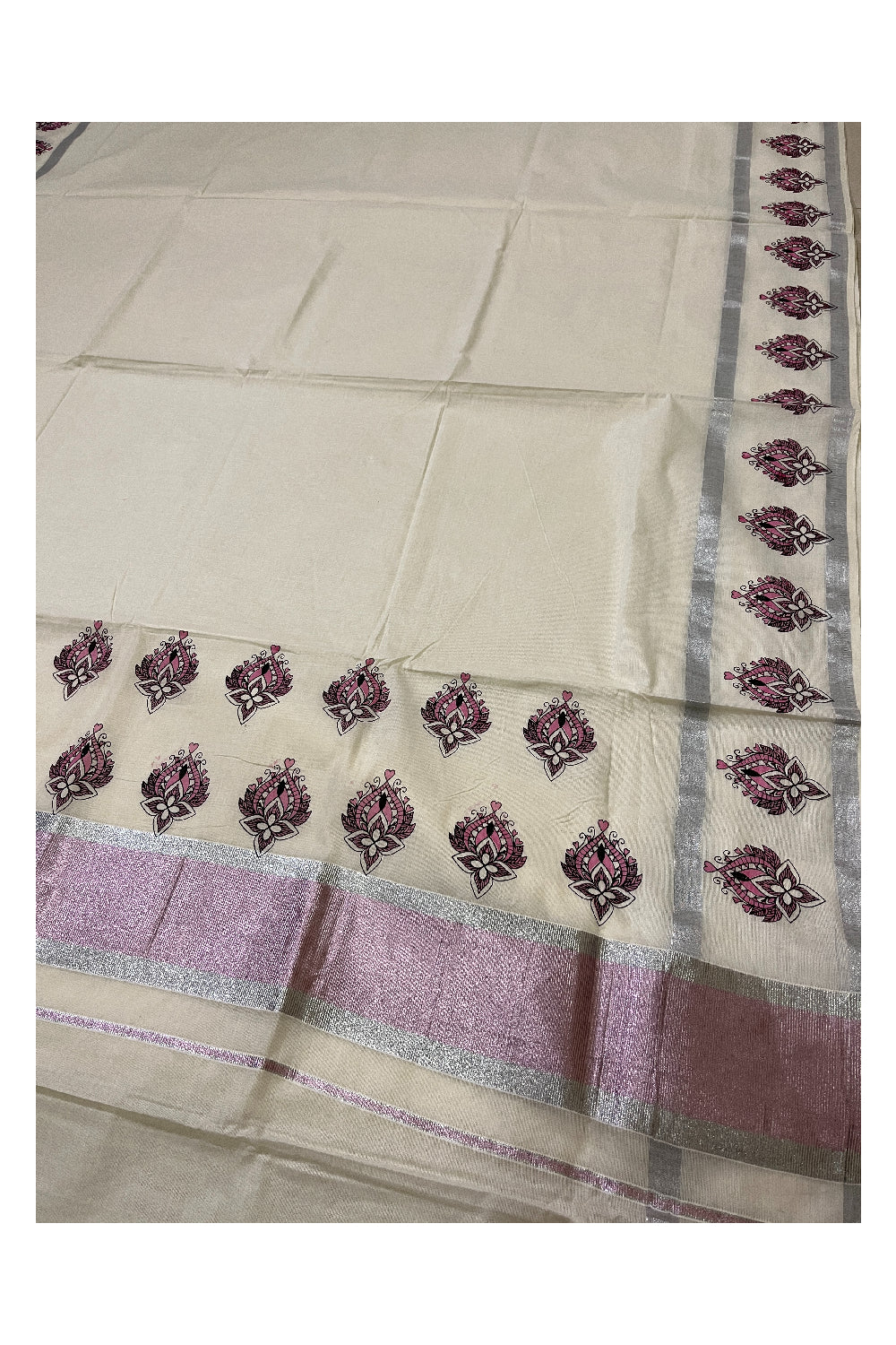 Kerala Cotton Silver and Pink Kasavu Border Saree with Block Printed Design