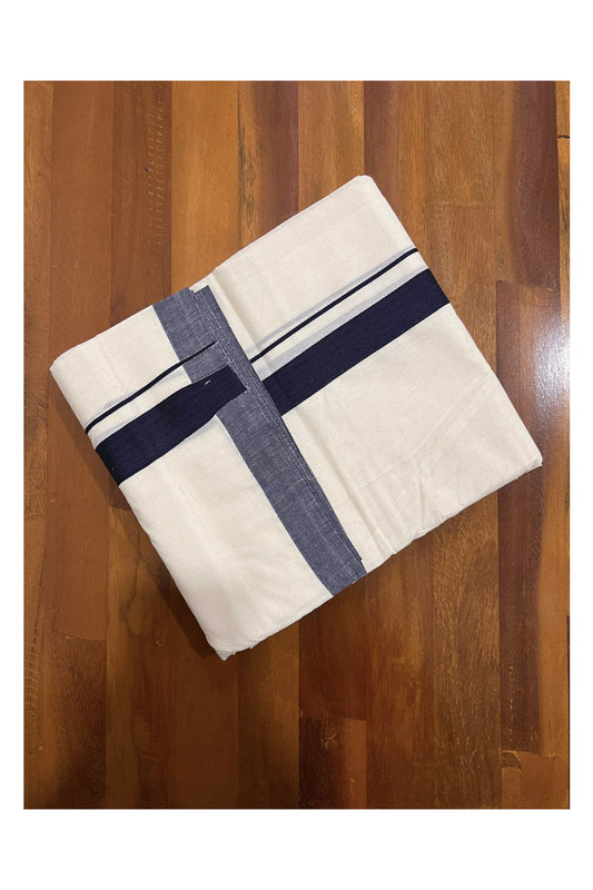 Off White Pure Cotton Double Mundu with Navy Blue Kara (South Indian Dhoti)