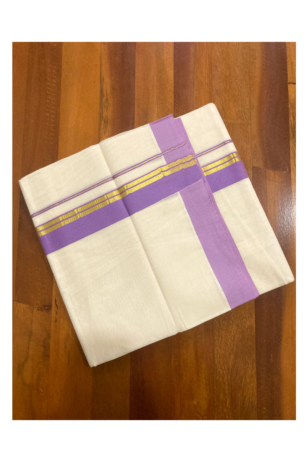 Off White Pure Cotton Double Mundu with Kasavu and Violet Border (South Indian Dhoti)