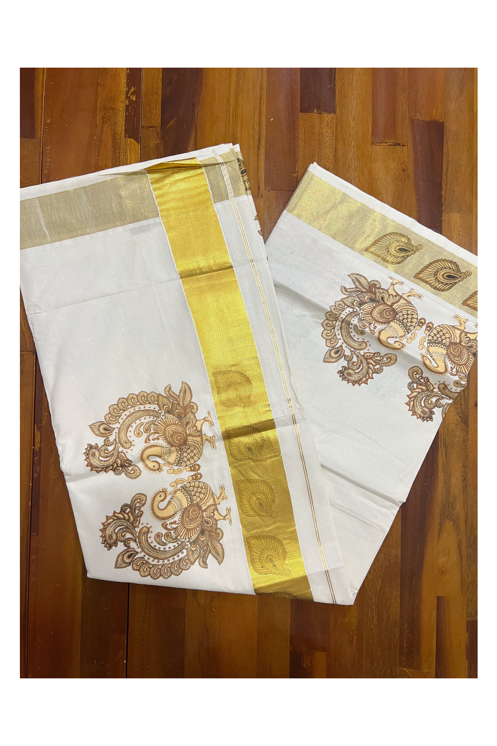 Pure Cotton Kerala Kasavu Saree with Mural Printed Brown Peacock Art Design