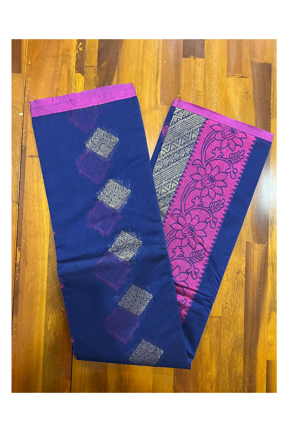 Southloom Dark Blue Cotton Designer Saree with Magenta and Zari Woven Patterns
