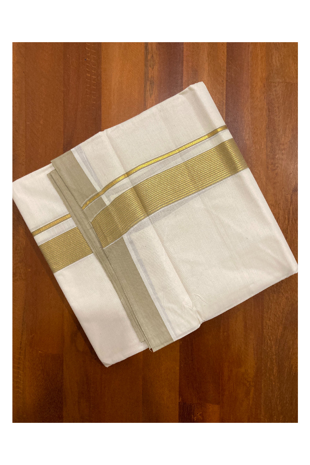 Off White Kerala Double Mundu with Kasavu and Olive Yellow Line Border (South Indian Dhoti)