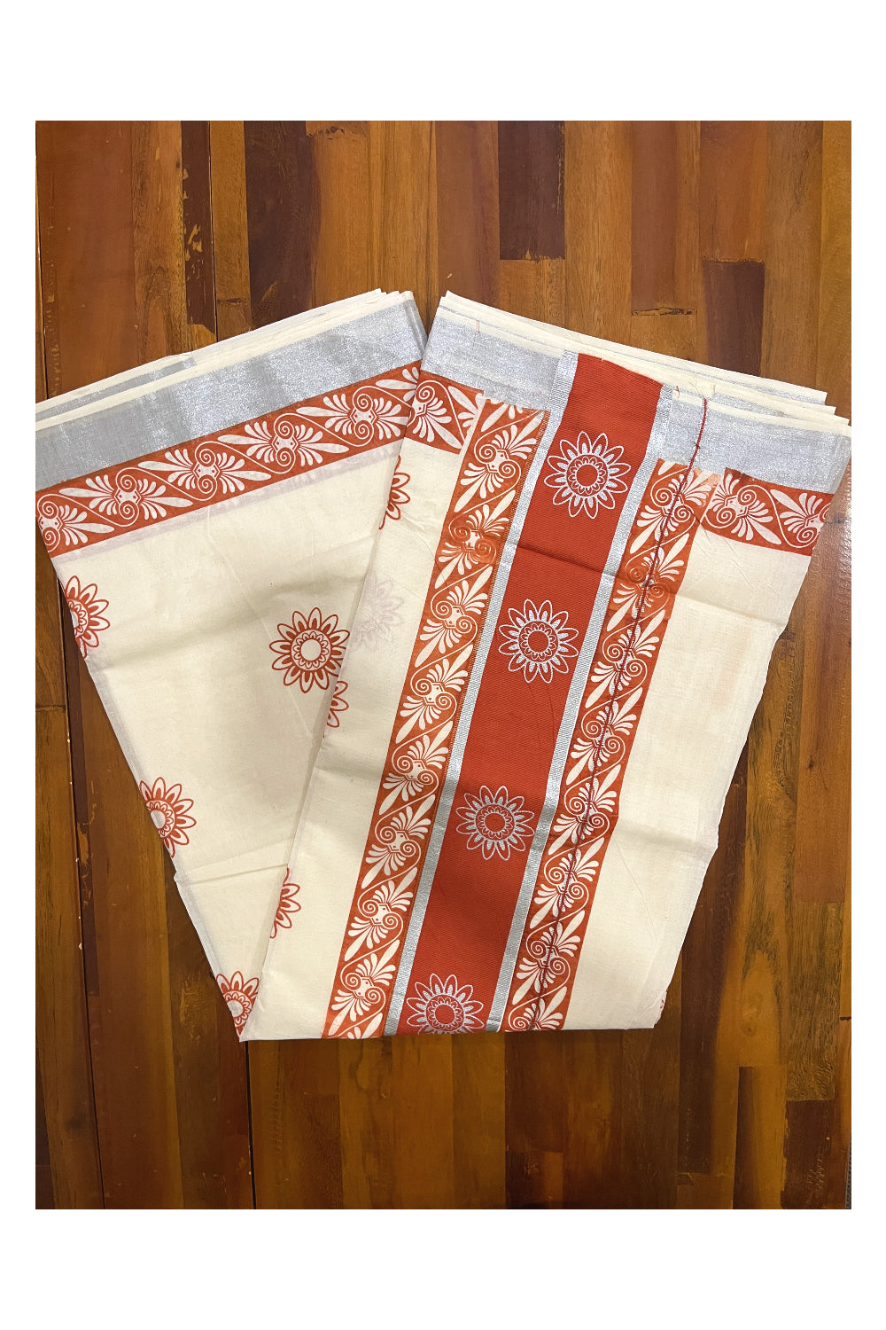 Pure Cotton Kerala Saree with Orange Block Prints and Silver Kasavu Border (Onam Saree 2023)