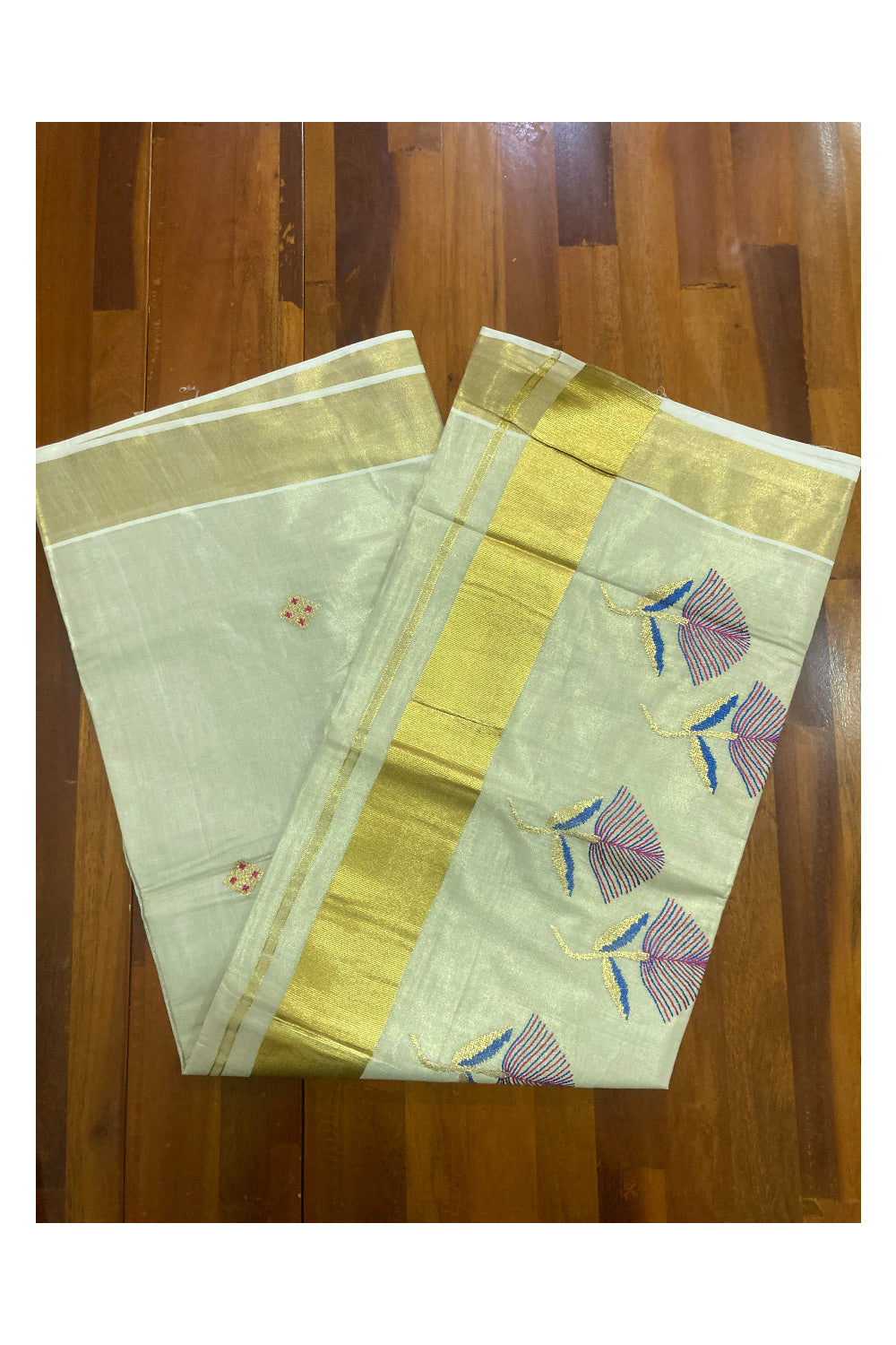 Kerala Tissue Kasavu Saree with Floral Embroidery Works