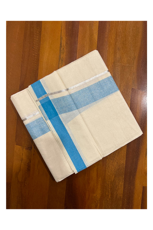 Pure Cotton Off White Double Mundu with Light Blue and Silver Kasavu Border (South Indian Dhoti)