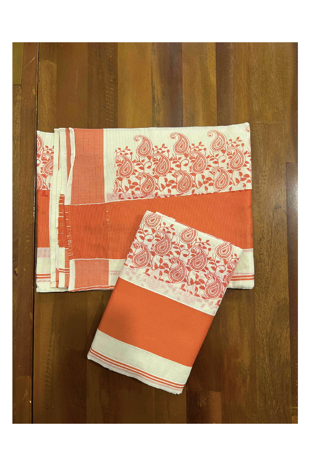 Kerala Cotton Set Mundu (Mundum Neriyathum) with Orange Block Printed Border