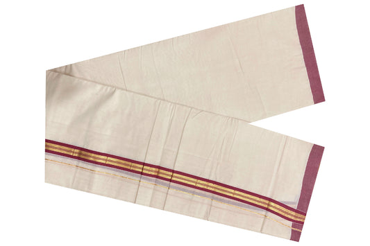 Off White Cotton Mundu with Dark Red and Kasavu Border (South Indian Dhoti)