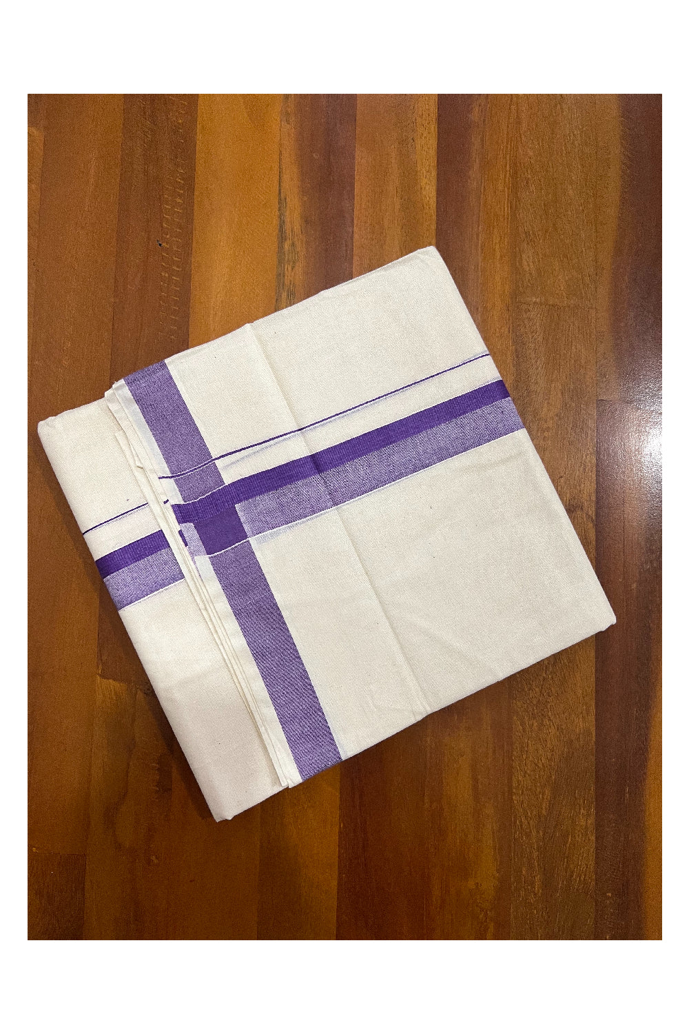 Off White Pure Cotton Double Mundu with Dark Violet Shaded Kara (South Indian Dhoti)