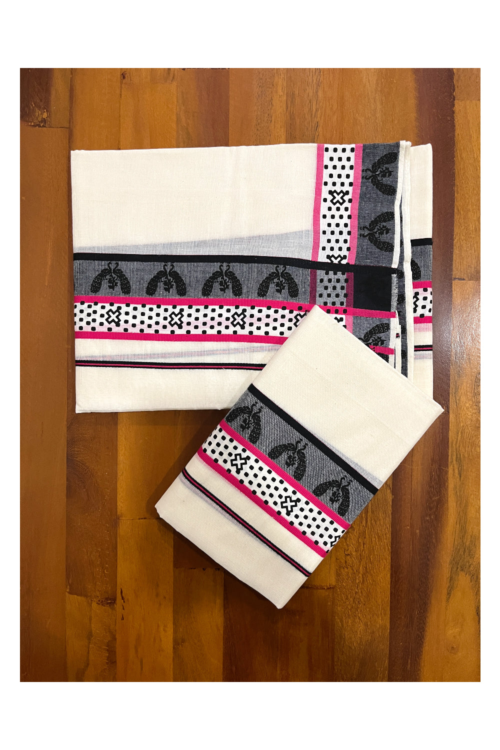 Kerala Cotton Single Set Mundu (Mundum Neriyathum) with Red Black Block Prints on Border