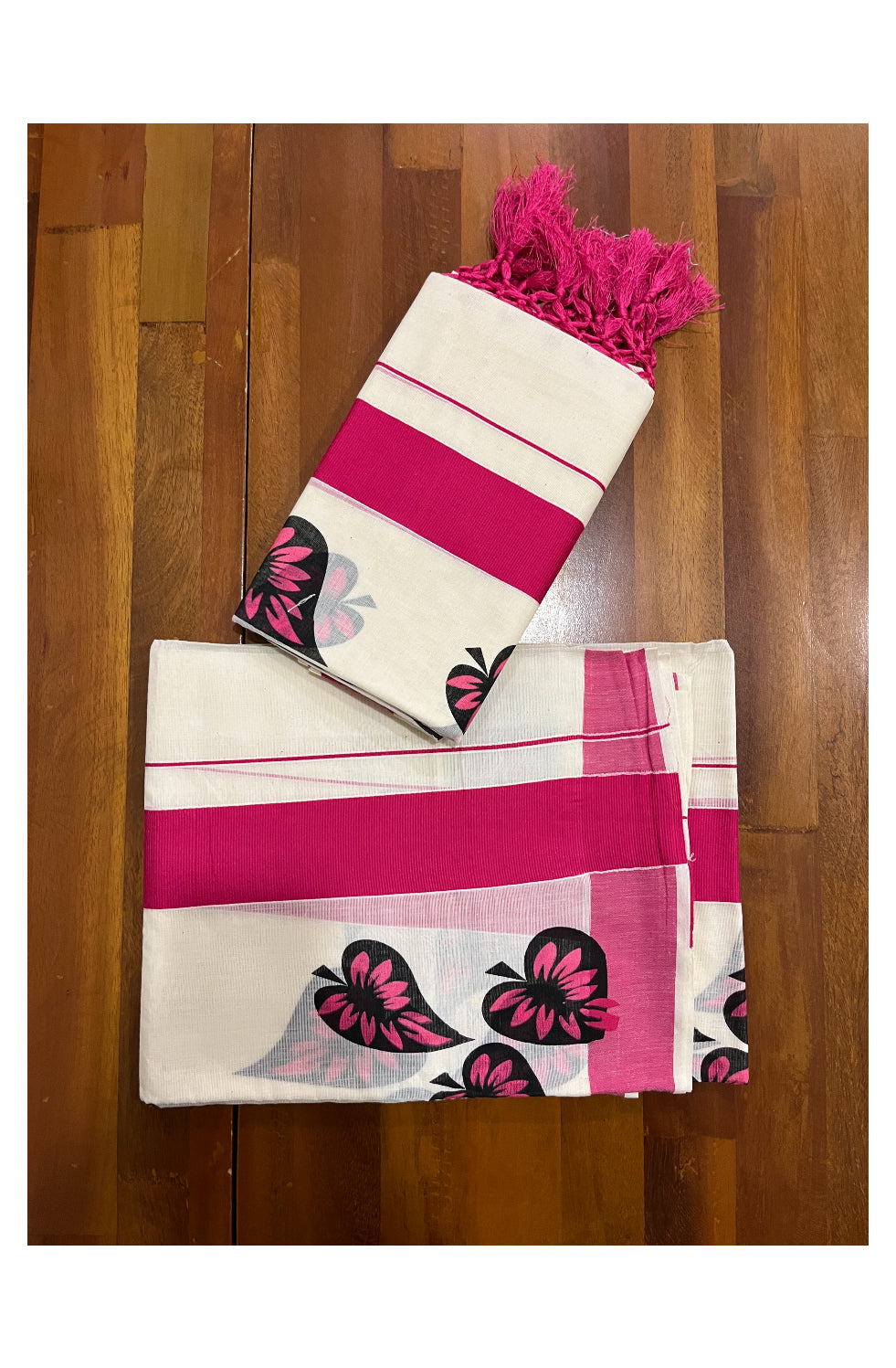 Kerala Cotton Set Mundu (Mundum Neriyathum) with Leaf Block Prints on Magenta Border and Tassels Works