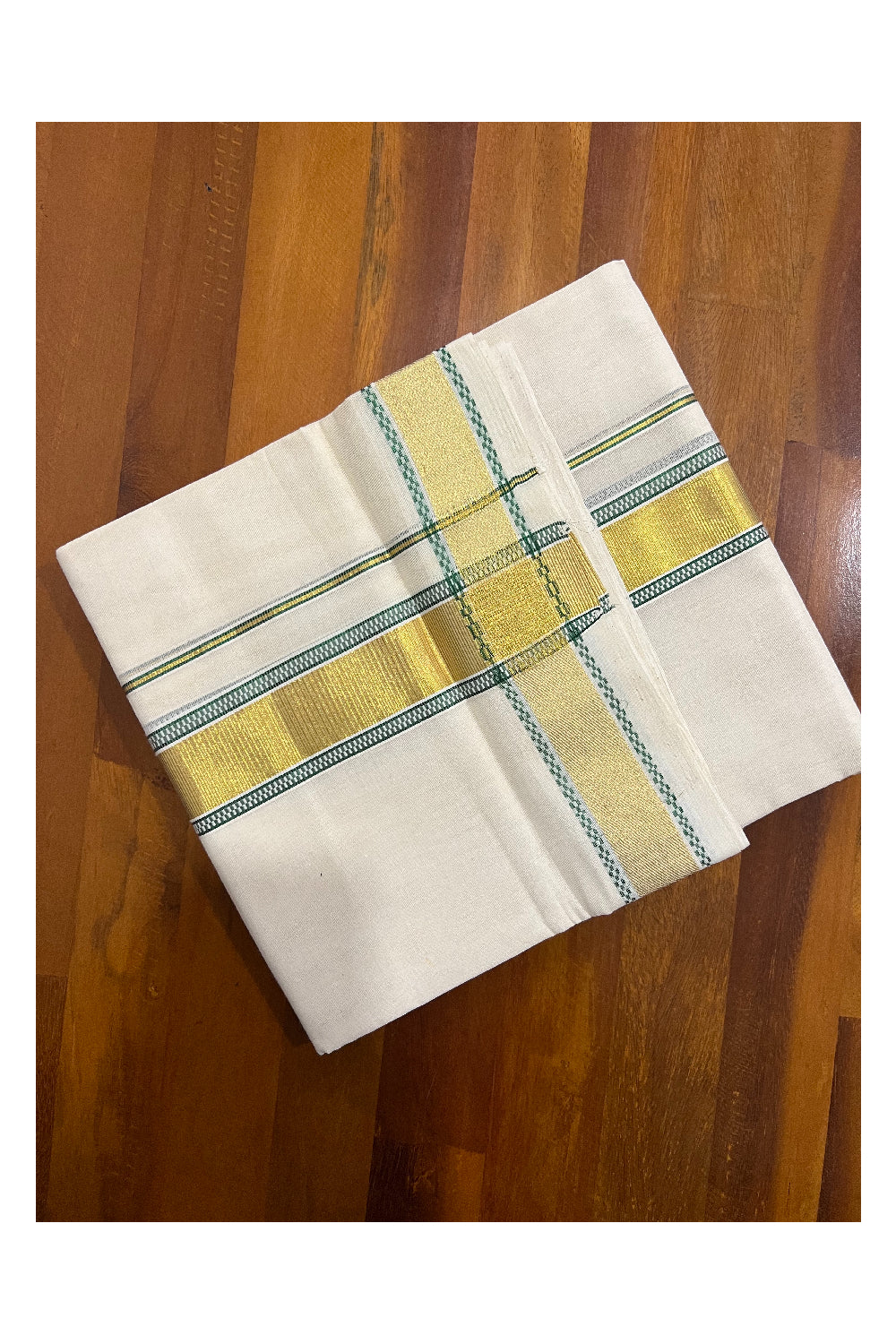 Southloom Balaramapuram Handloom Pure Cotton Mundu with Kasavu and Green Design Border (South Indian Dhoti)