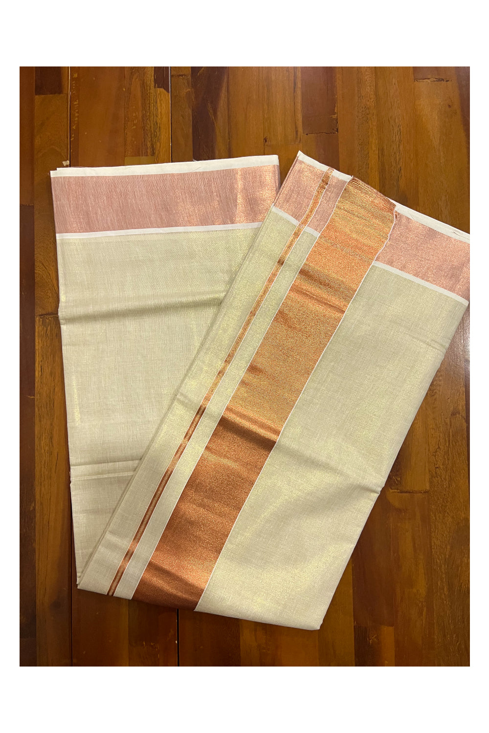 Kerala Plain Tissue Kasavu Saree with 3 inch Copper Border and Pallu