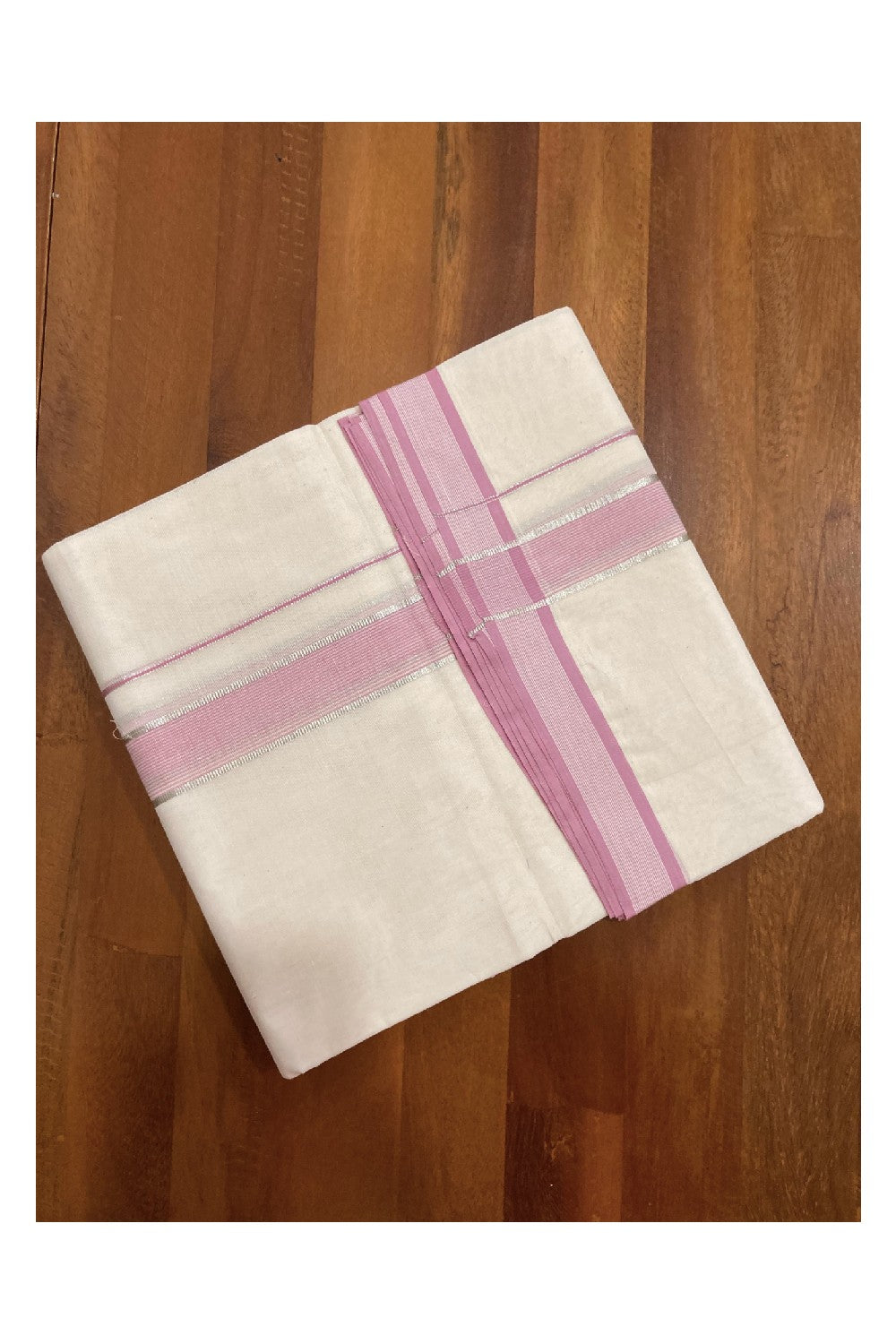 Southloom Balaramapuram Unakkupaavu Premium Handloom Mundu with Pink and SIlver Kasavu Border