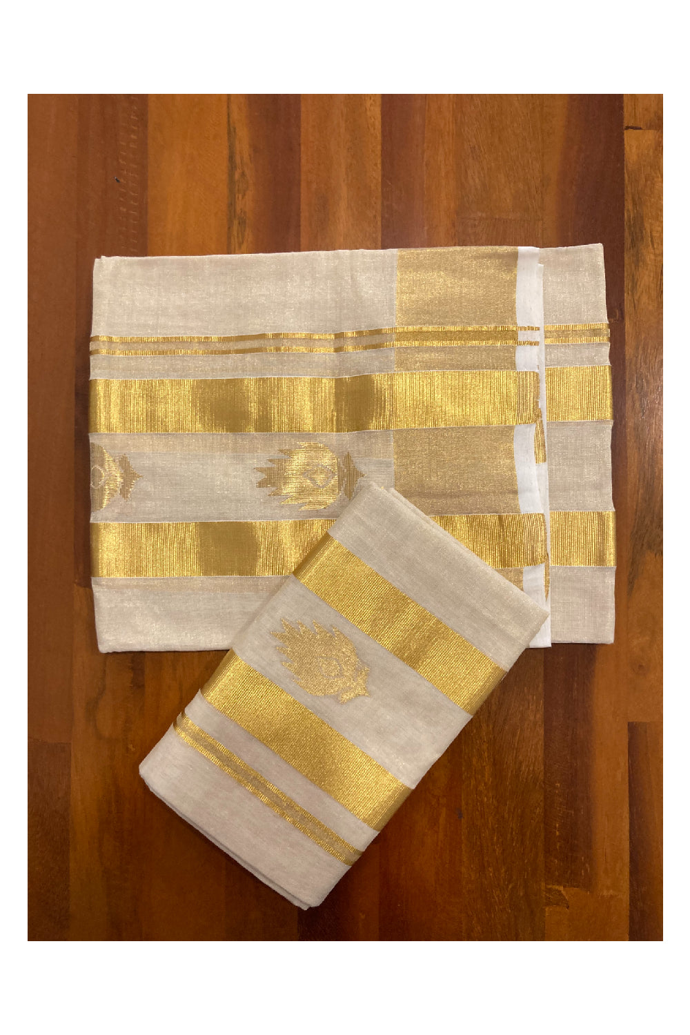 Southloom Handloom Tissue Kasavu Premium Set Mundu with Butta Work Across Kara (2.8 m)