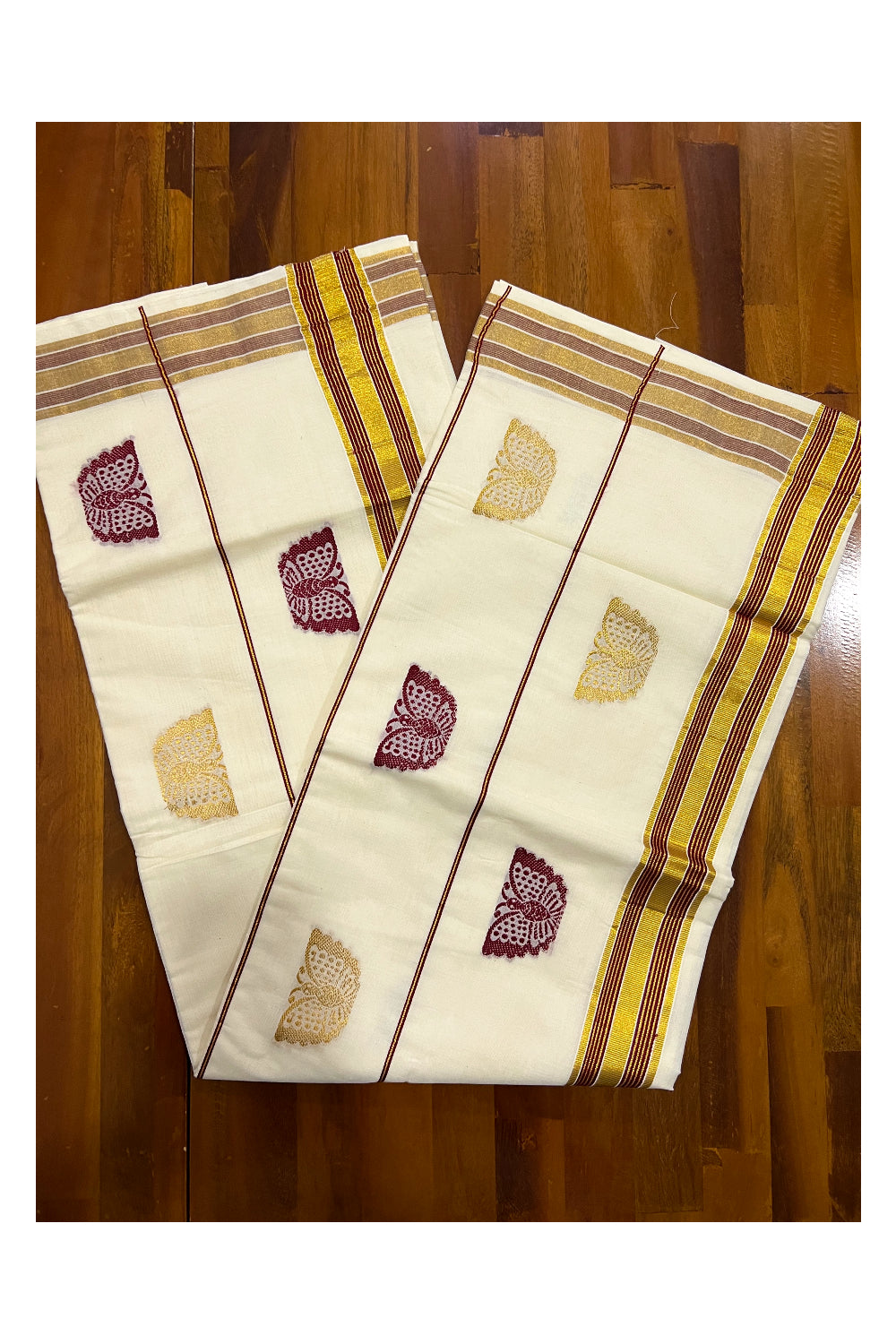 Southloom Pure Cotton Kerala Saree with Kasavu and Maroon Heavy Works