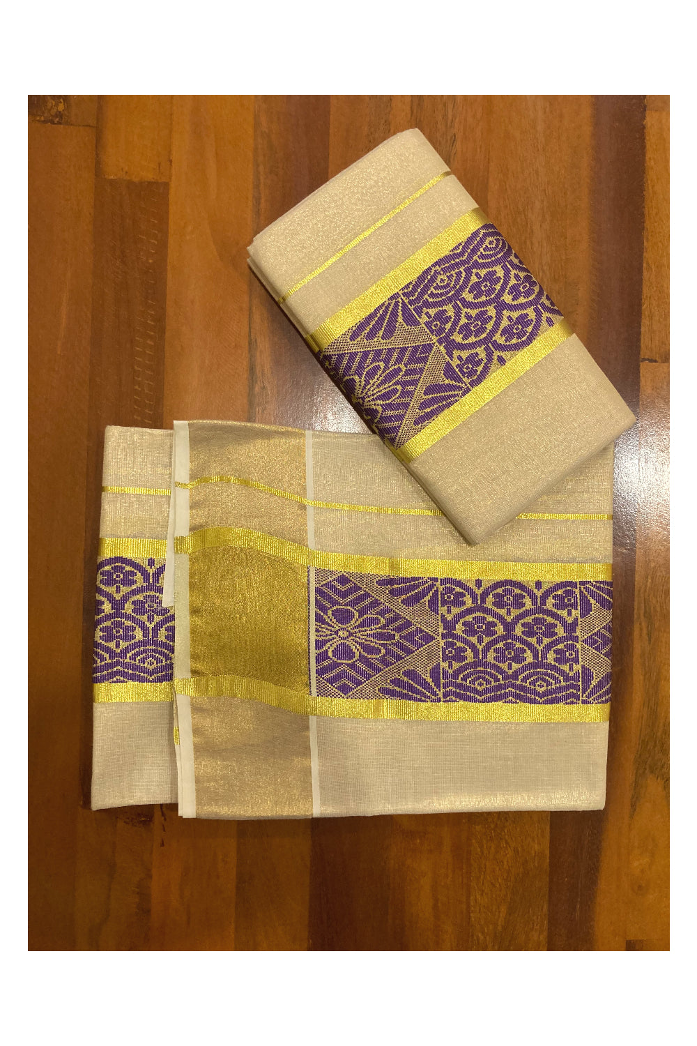 Kerala Tissue Kasavu Set Mundu (Mundum Neriyathum) with Violet Thread Work on Border