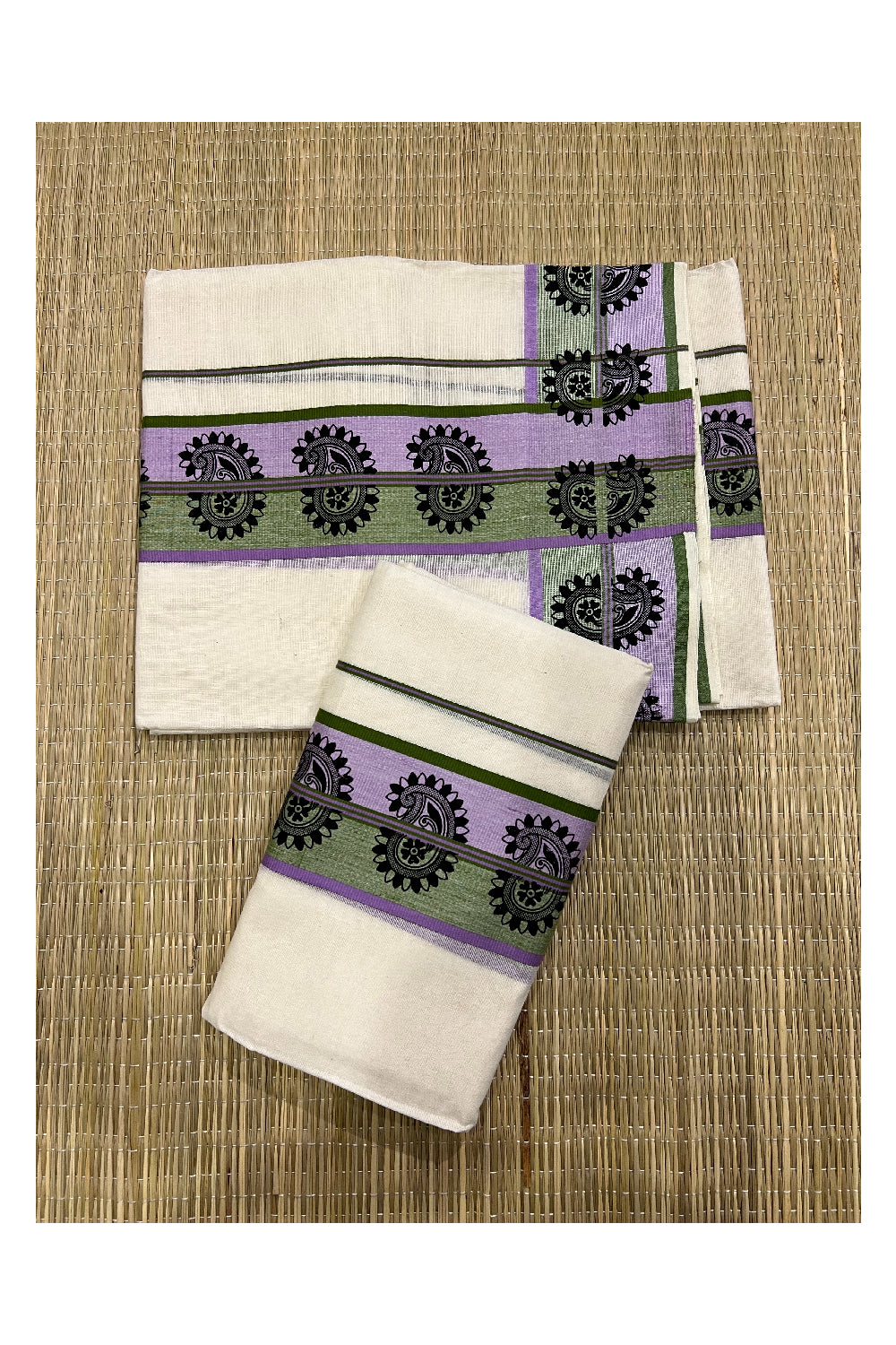 Kerala Cotton Set Mundu (Mundum Neriyathum) with Olive Green Violet Paisley Block Prints on Border