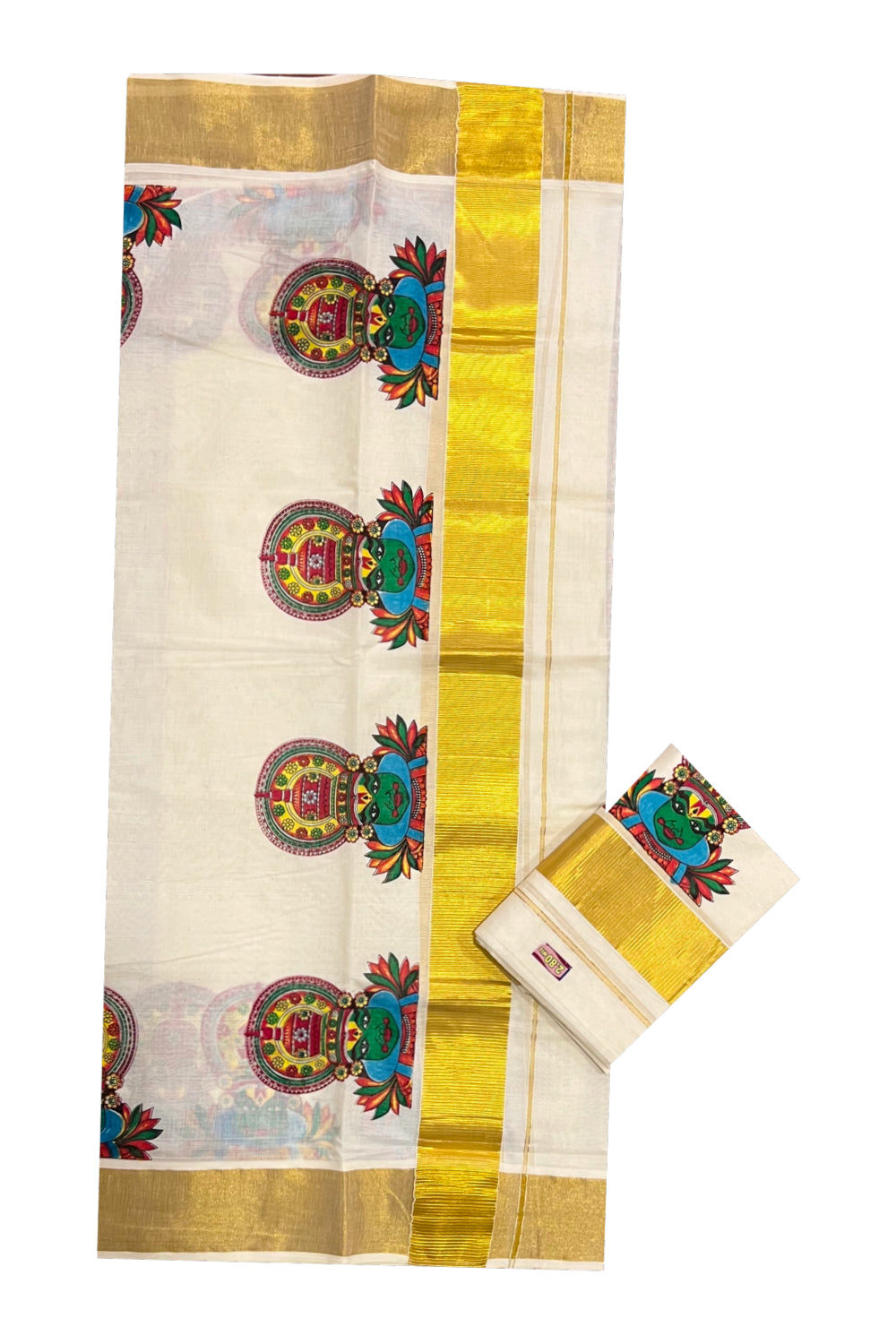 Pure Cotton Kasavu Set Mundu (Mundum Neriyathum) with Kathakali Mural Prints on Border 2.80 Mtrs