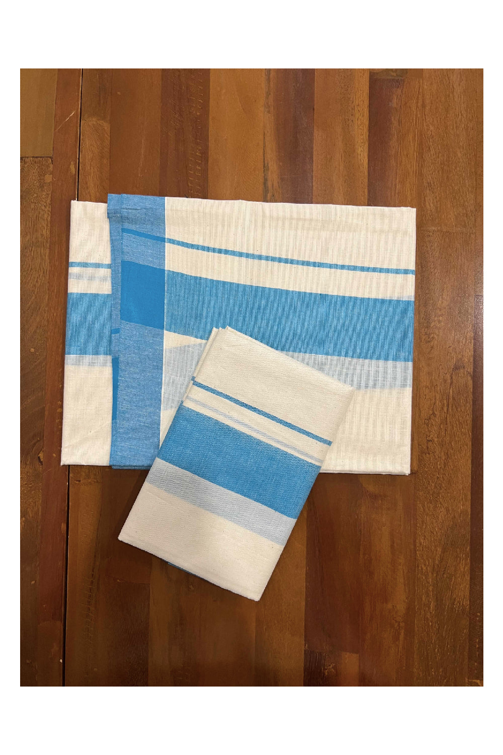 Kerala Cotton Mundum Neriyathum Single (Set Mundu) with Light Blue Mulloth Border (Extra Soft Cotton) 2.80 Mtrs