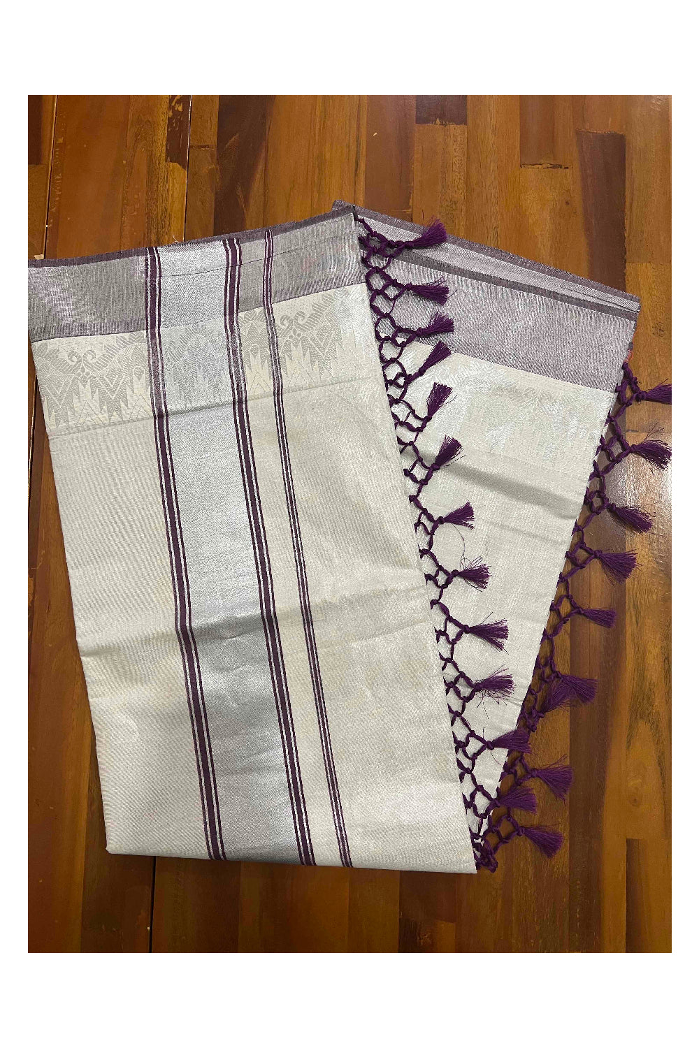 Kerala Silver Tissue Plain Saree with Purple and Silver Border