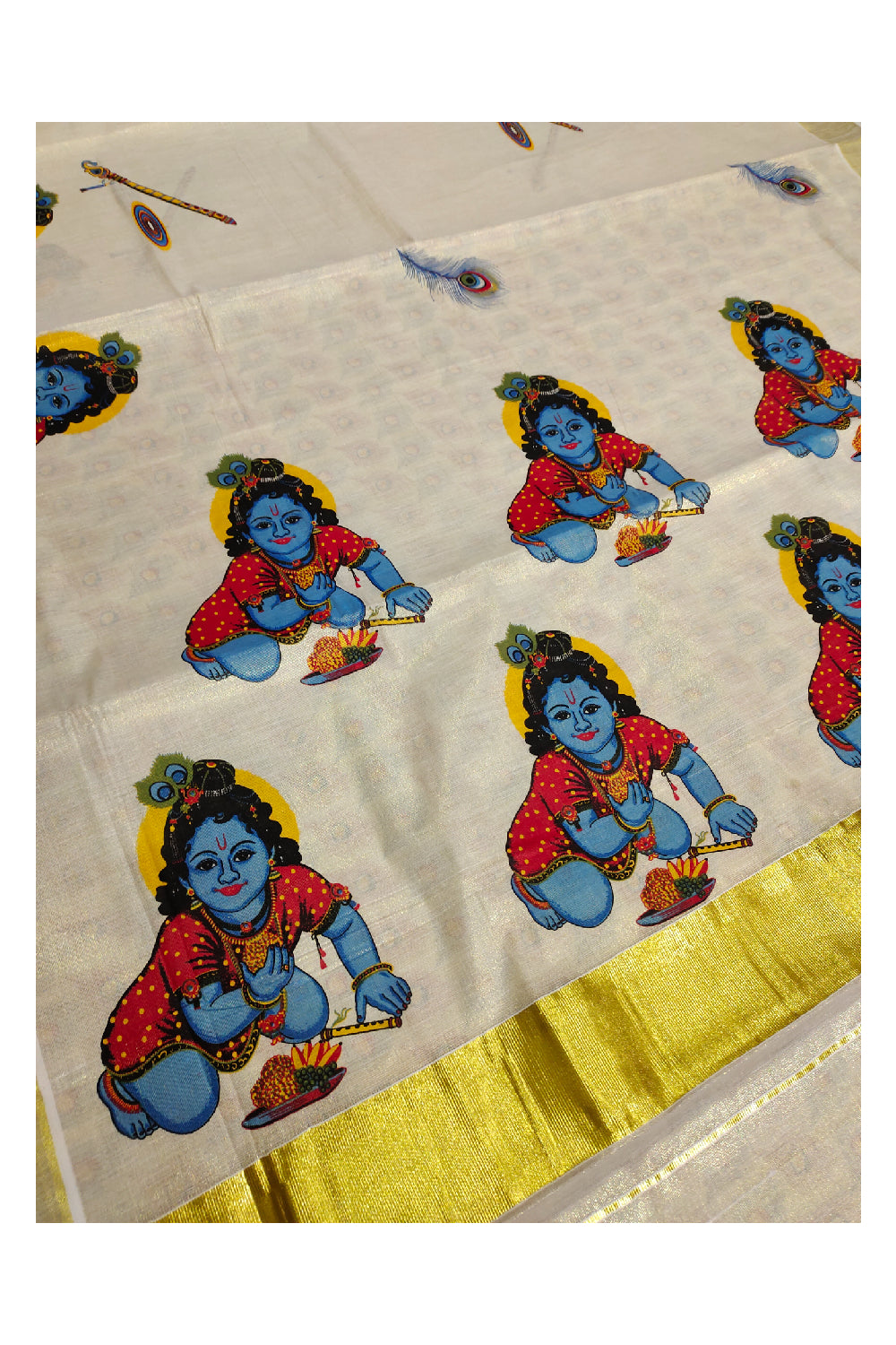 Kerala Tissue Kasavu Saree with Mural Printed Baby Krishna Design