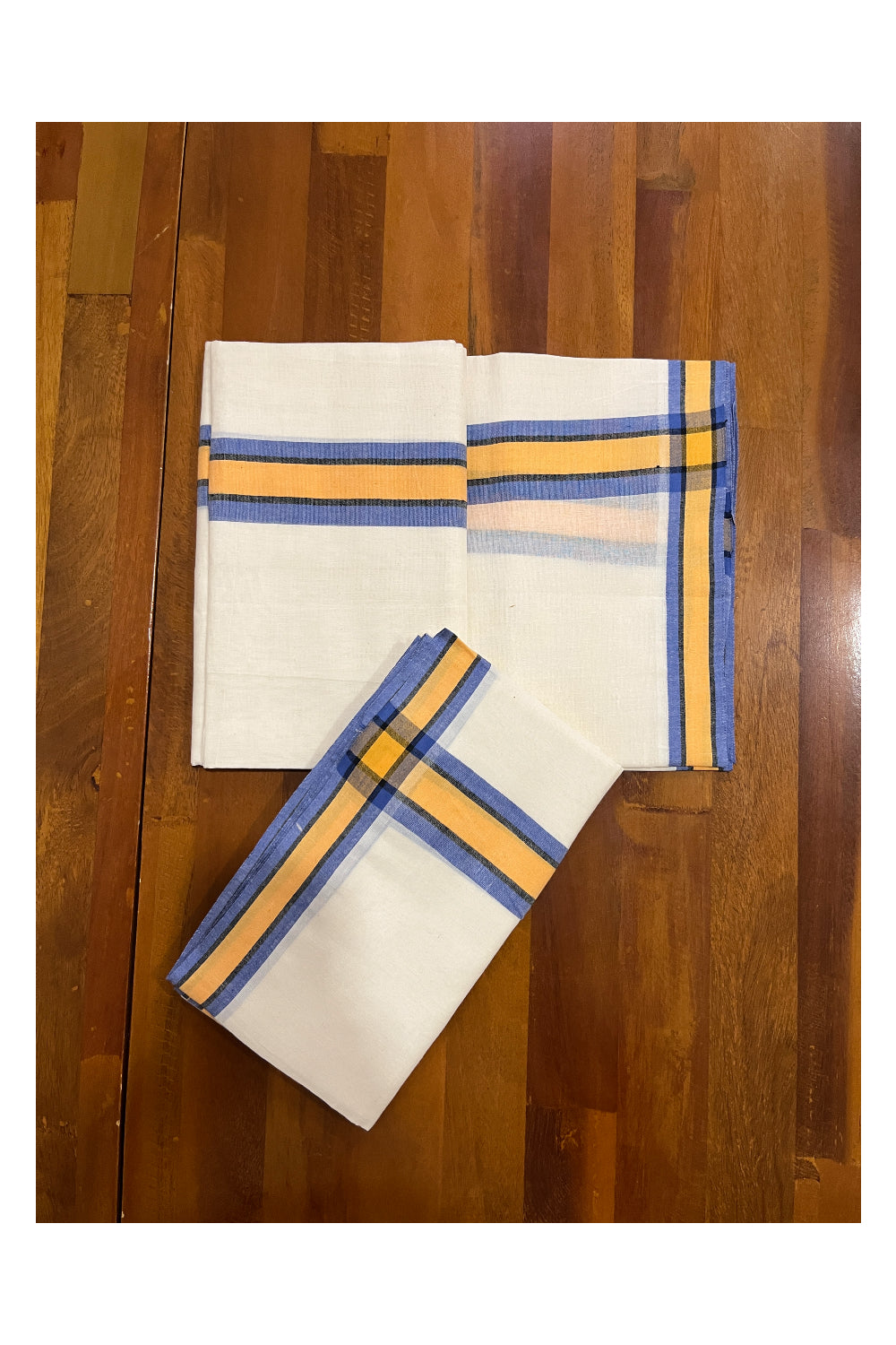 Kerala Cotton Mulloth Mundum Neriyathum Single (Set Mundu) with Yellow and Violet Border (Extra Soft Cotton)