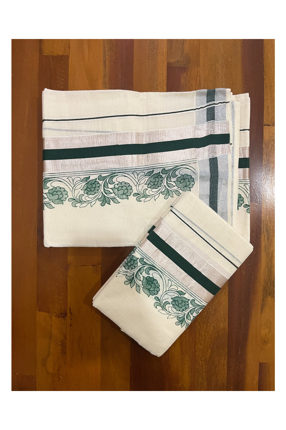 Pure Cotton Single Set Mundu (Mundum Neriyathum Vishu 2023) with Silver Kasavu and Green Floral Block Prints 2.80 Mtrs