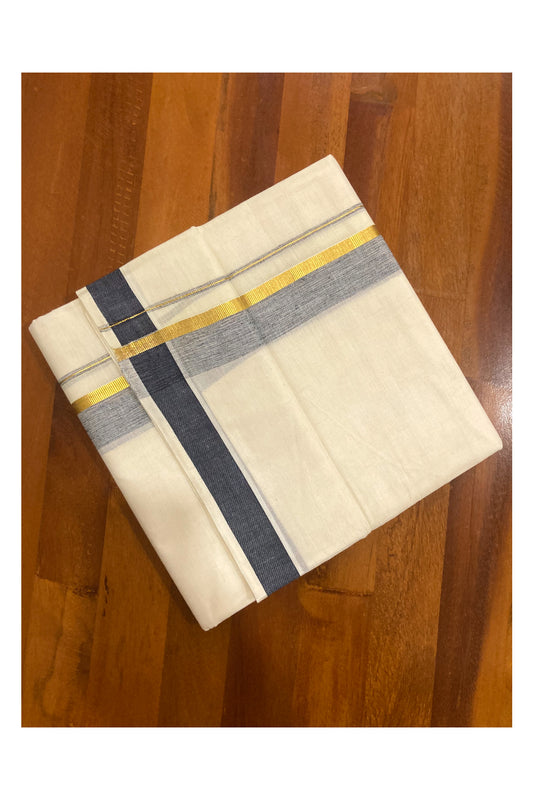 Pure Cotton Off White Double Mundu with Black and Kasavu Border (South Indian Dhoti)