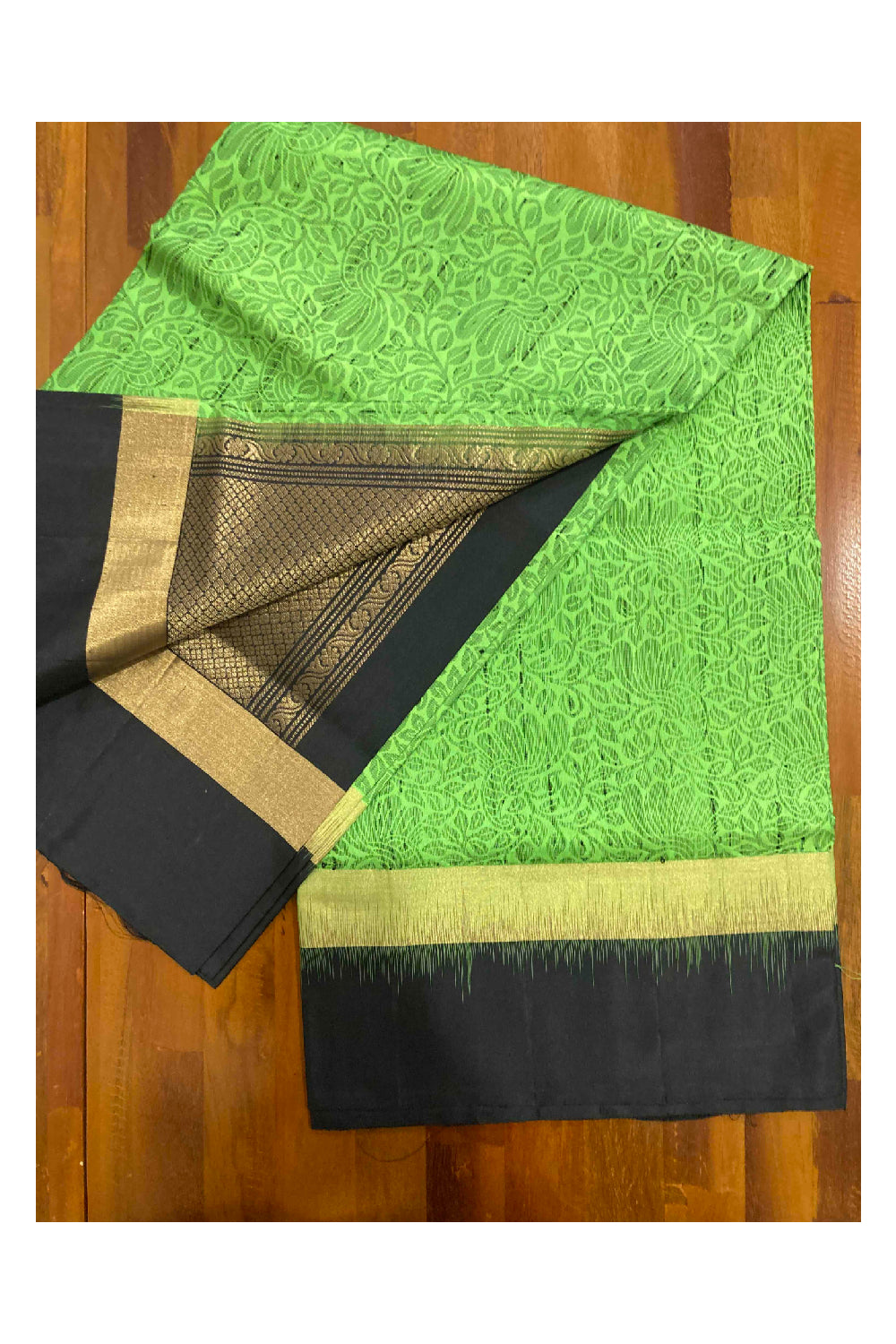 Southloom Handloom Pure Silk Kanchipuram Saree in Green Floral Motifs