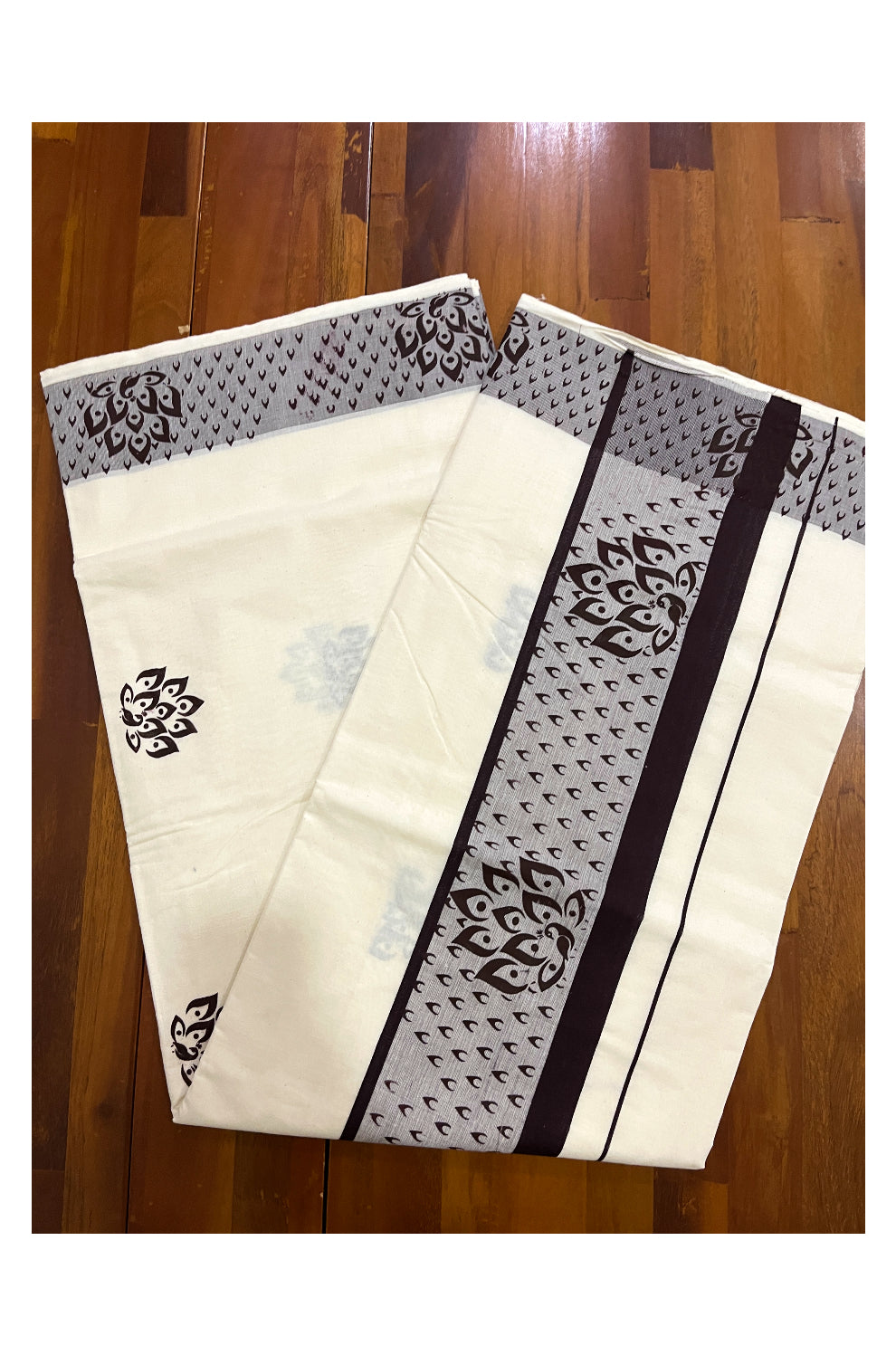 Pure Cotton Off White Kerala Saree with Brown Block Prints on Border