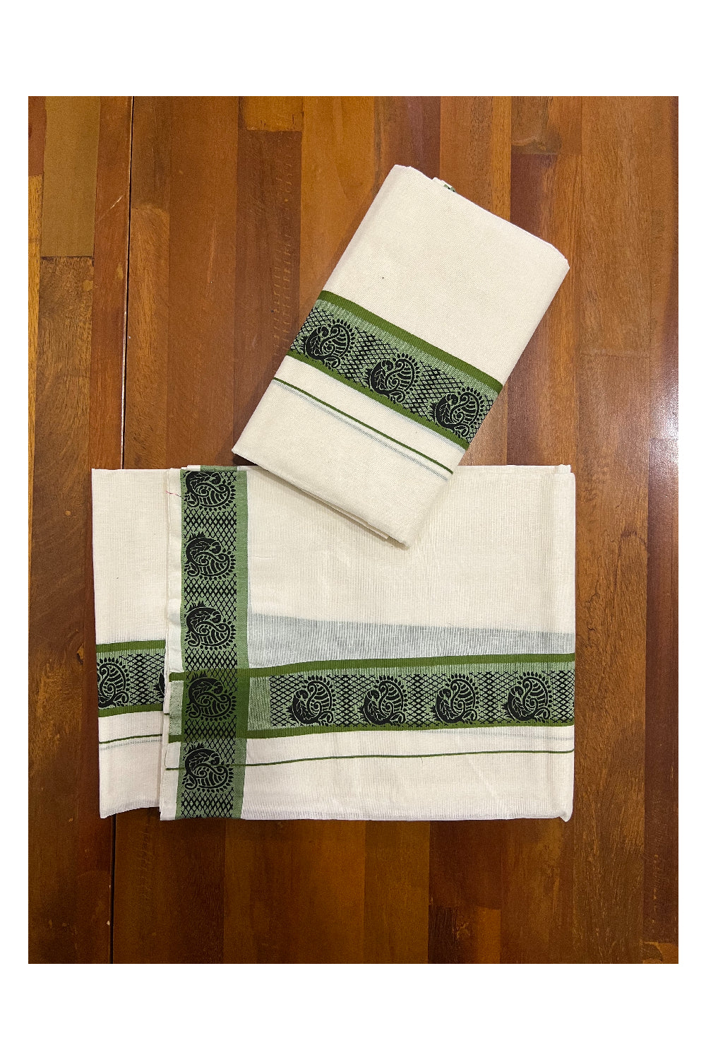 Kerala Cotton Set Mundu (Mundum Neriyathum) with Green Peacock Block Printed Border