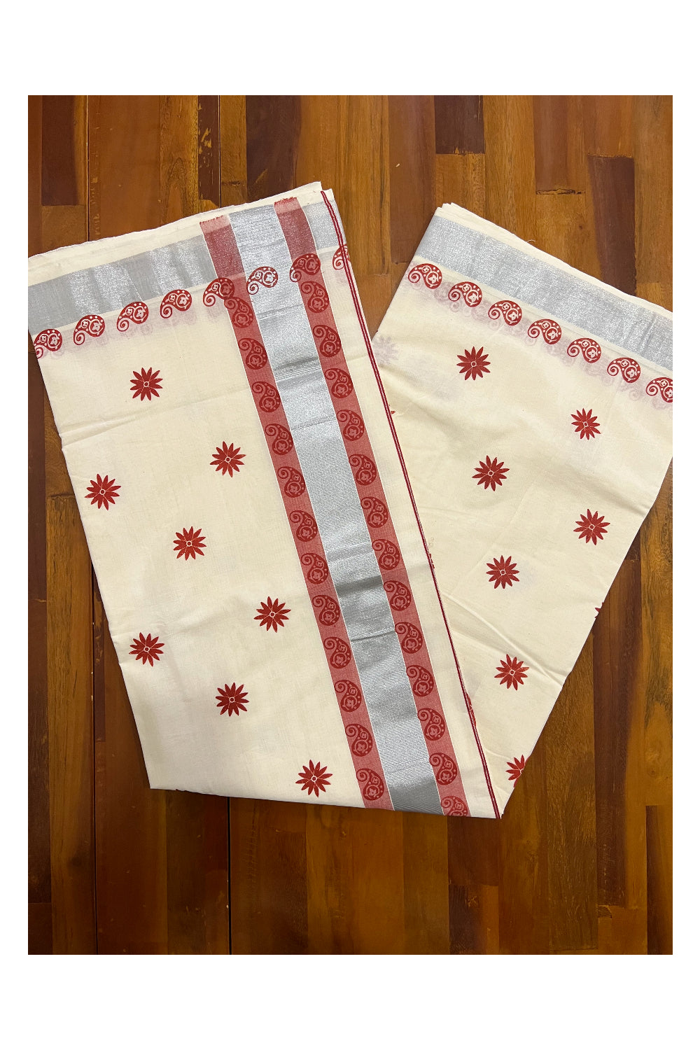 Pure Cotton Kerala Saree with Dark Red Block Printed Floral Design and Silver Kasavu Border