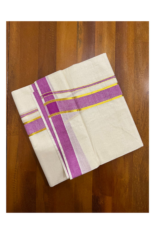 Off White Kerala Double Mundu with Kasavu and Magenta Border (South Indian Dhoti)