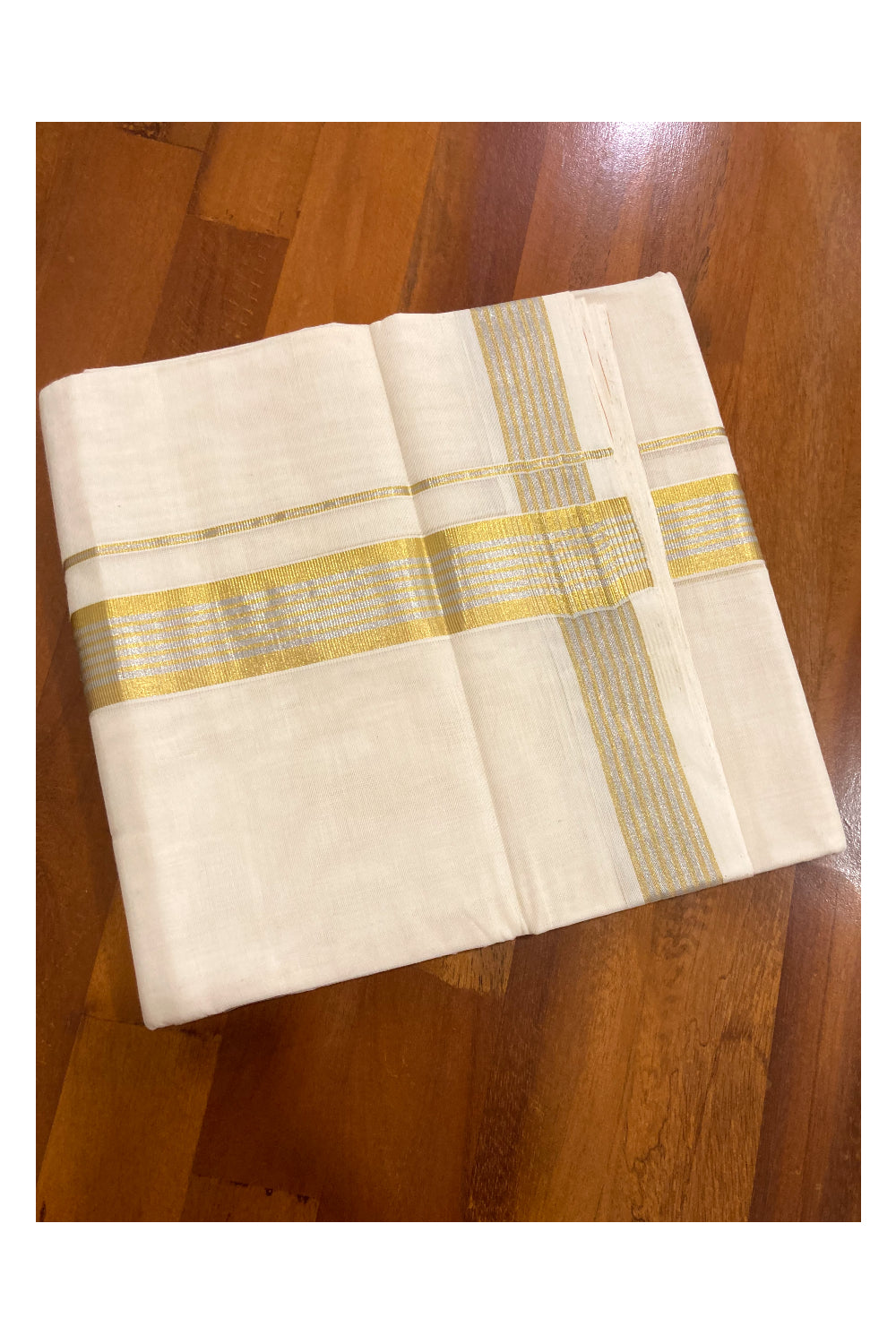 Southloom Premium Handloom Cotton Off White Mundu with Golden and Silver Kasavu Border (South Indian Dhoti)