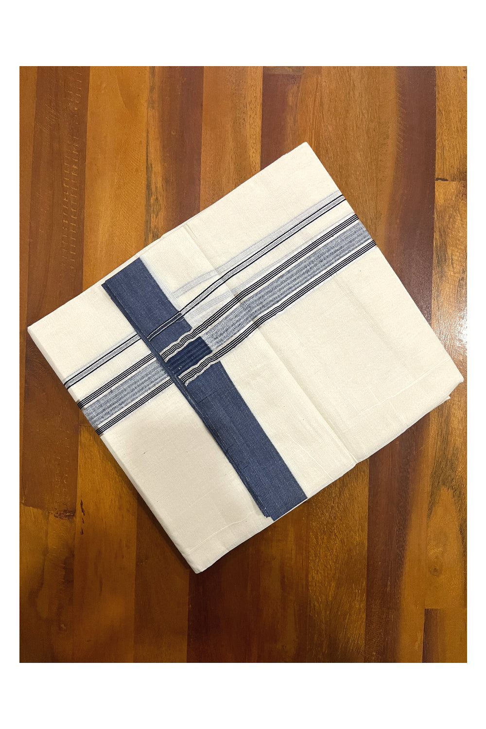 Pure Cotton Off White Double Mundu with Navy Blue and Silver Kara (South Indian Dhoti)