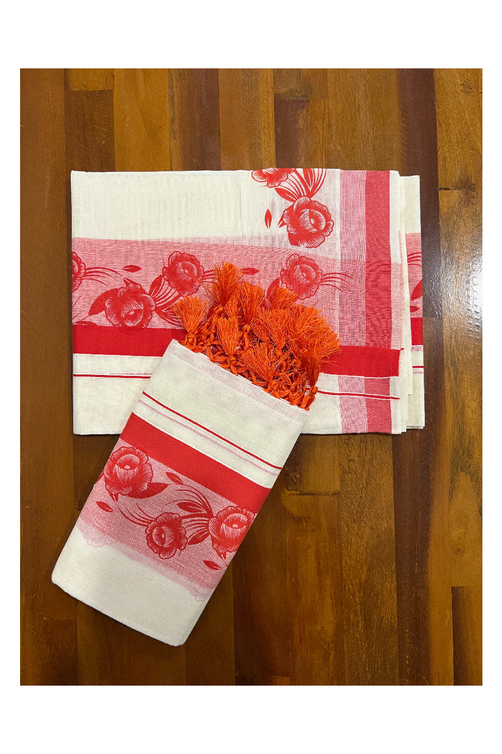 Kerala Cotton Set Mundu (Mundum Neriyathum) with Orangish Red Floral Block Prints and Tassels Border