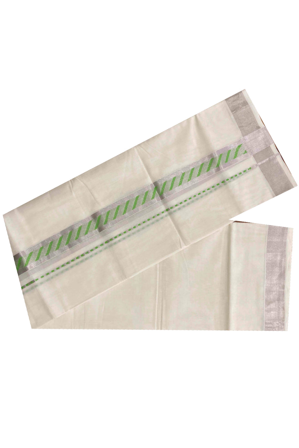Southloom Handloom Premium Silver Kasavu Dhoti with Light Green Woven Design Border