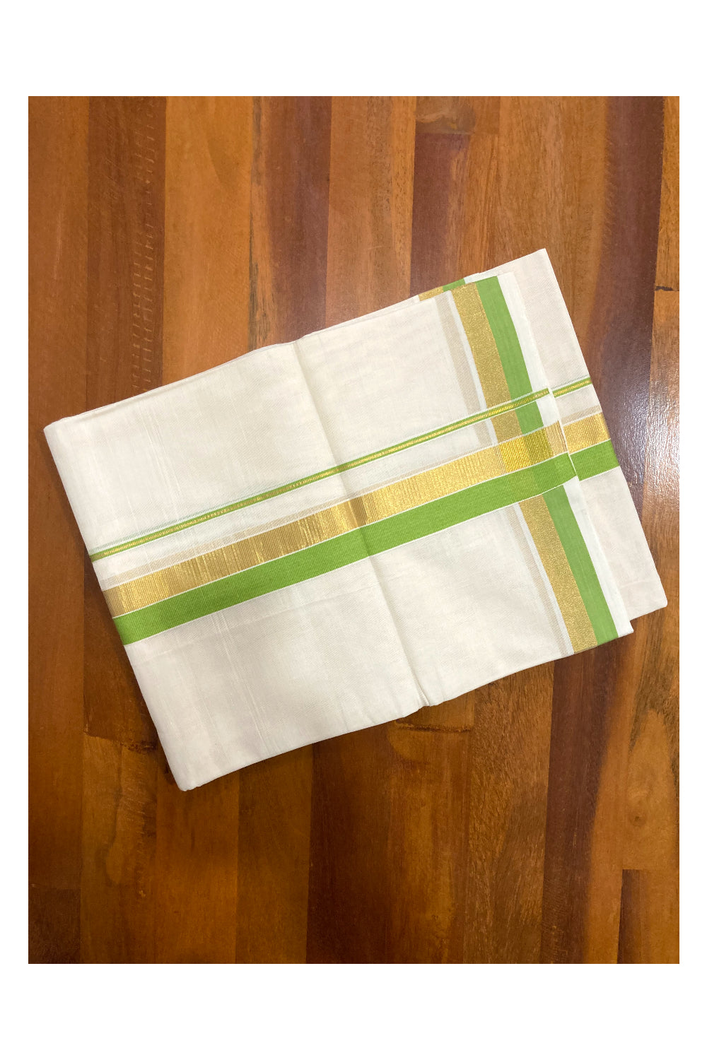 Southloom Premium Handloom Pure Cotton Mundu with Kasavu and Green Border (South Indian Dhoti)