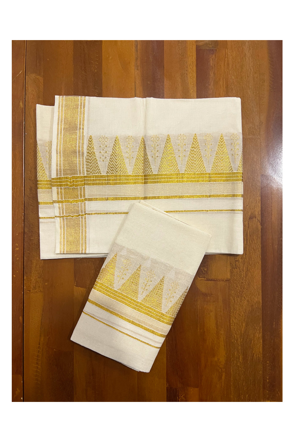 Kerala Cotton Set Mundu Single (Mundum Neriyathum) with Kasavu Temple Woven Works on Border