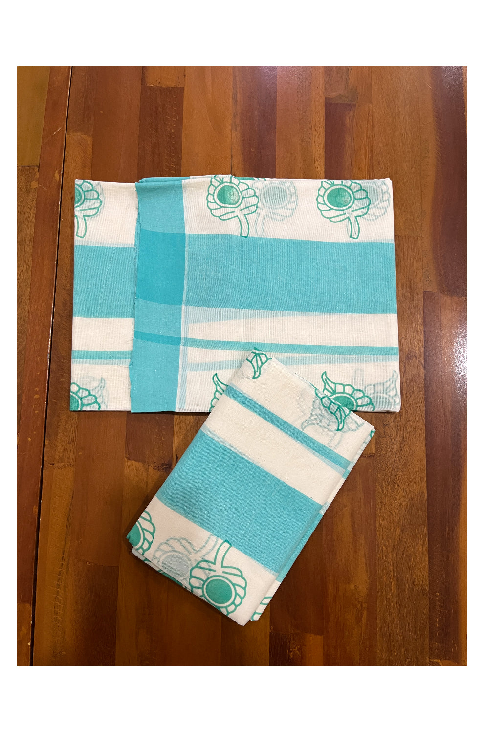 Pure Cotton Single Set Mundu (Mundum Neriyathum Vishu 2023) with Turquoise Block Prints and Border