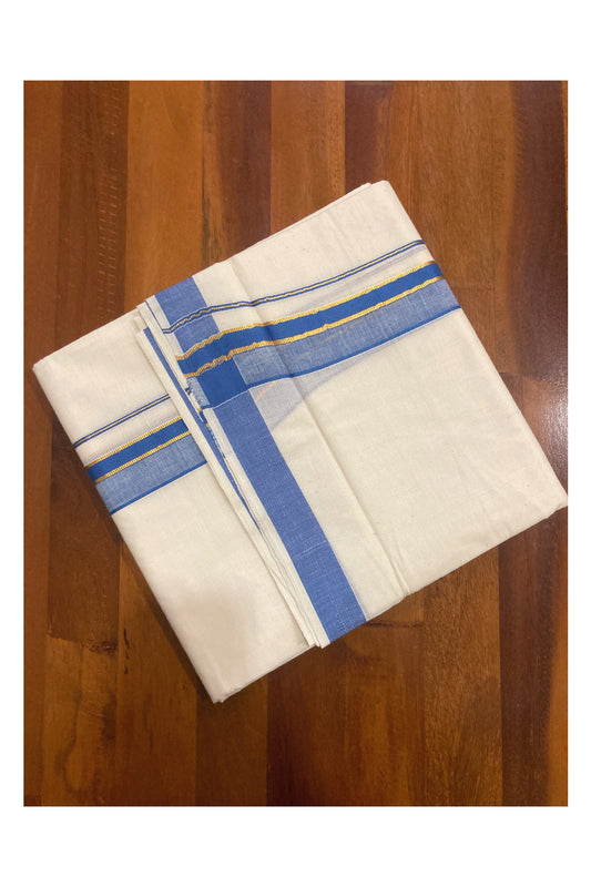 Pure Cotton Double Mundu with Blue and Kasavu Border (South Indian Dhoti)