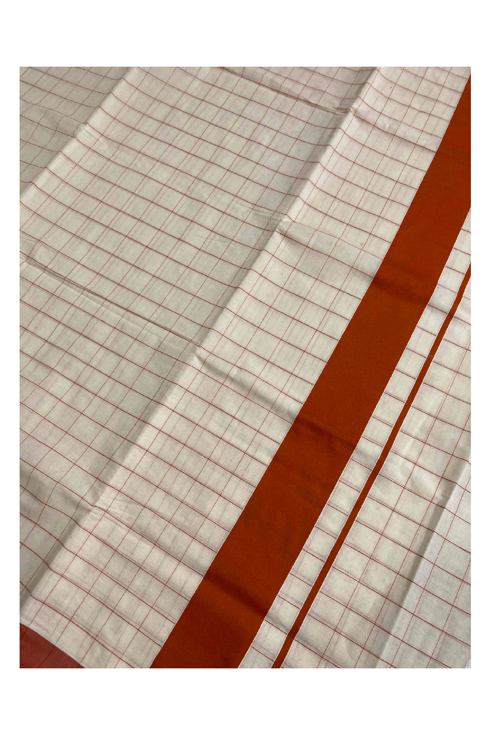 Kerala Pure Cotton Orange Woven Check Saree with 3 inch Border