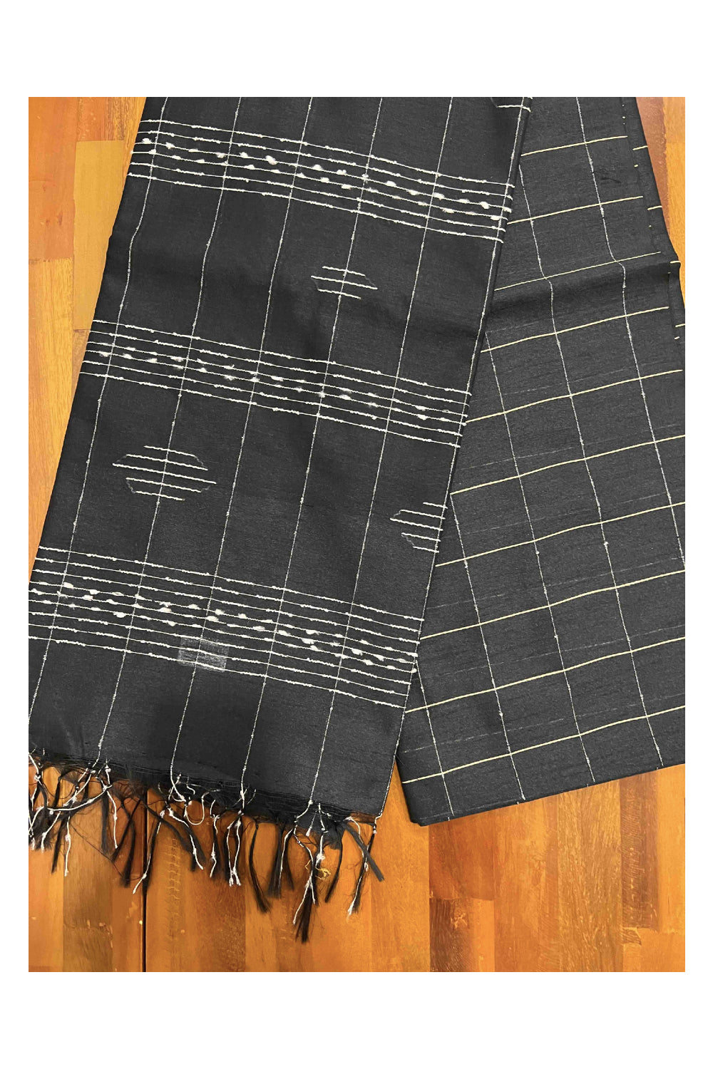 Southloom Black Semi Tussar Checkered Designer Saree with Tassels on Pallu