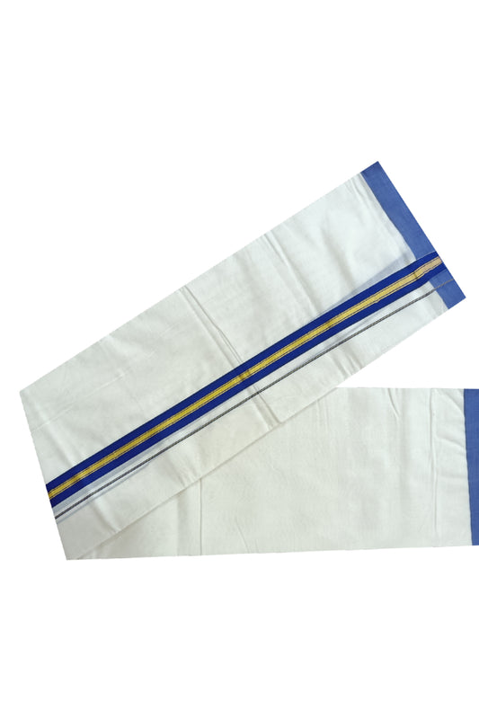 Off White Kerala Double Mundu with Kasavu and Dark Blue Kara (South Indian Dhoti)