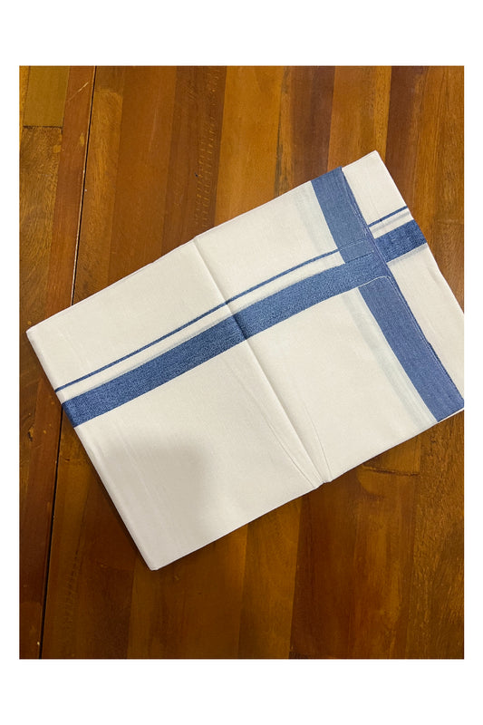 Pure White Kerala Cotton Double Mundu with Blue Border (South Indian Dhoti)