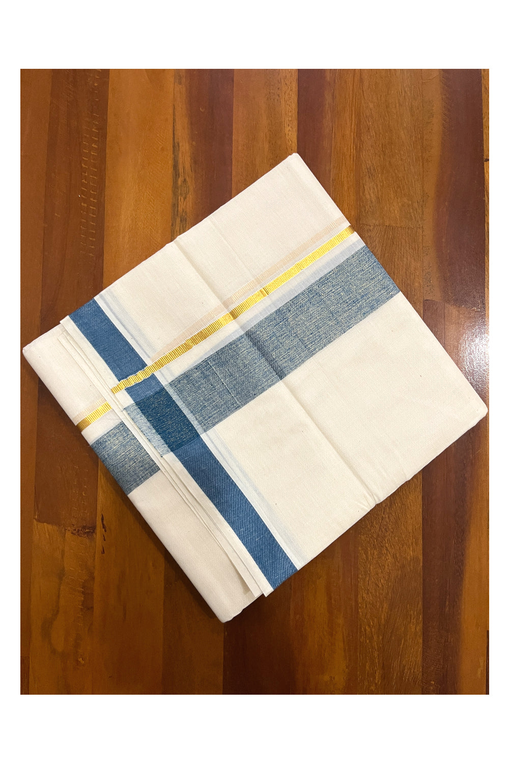 Pure Cotton Double Mundu with Kasavu Blue Kara (South Indian Kerala Dhoti)