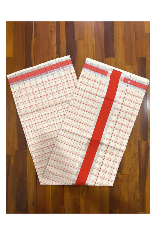 Kerala Silver Kasavu Woven Check Saree with Orange Border (Onam Saree 2023)