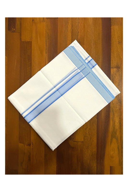 Pure White Cotton Double Mundu with Blue Lines Border (South Indian Dhoti)