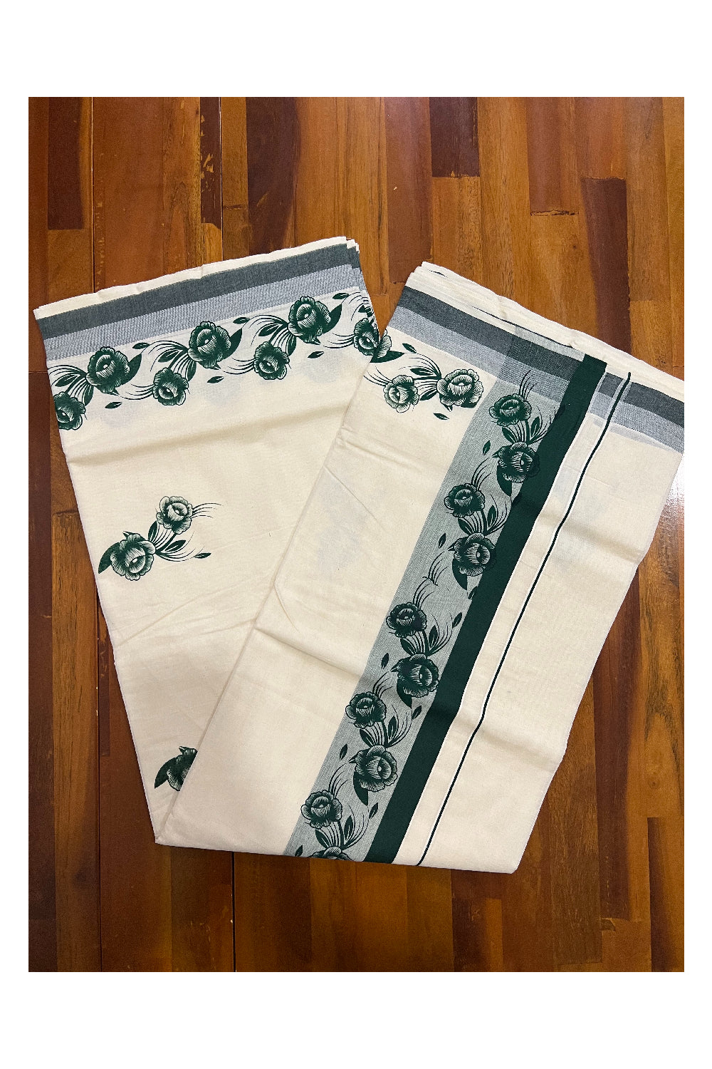 Pure Cotton Kerala Saree with Dark Green Floral Block Printed Design